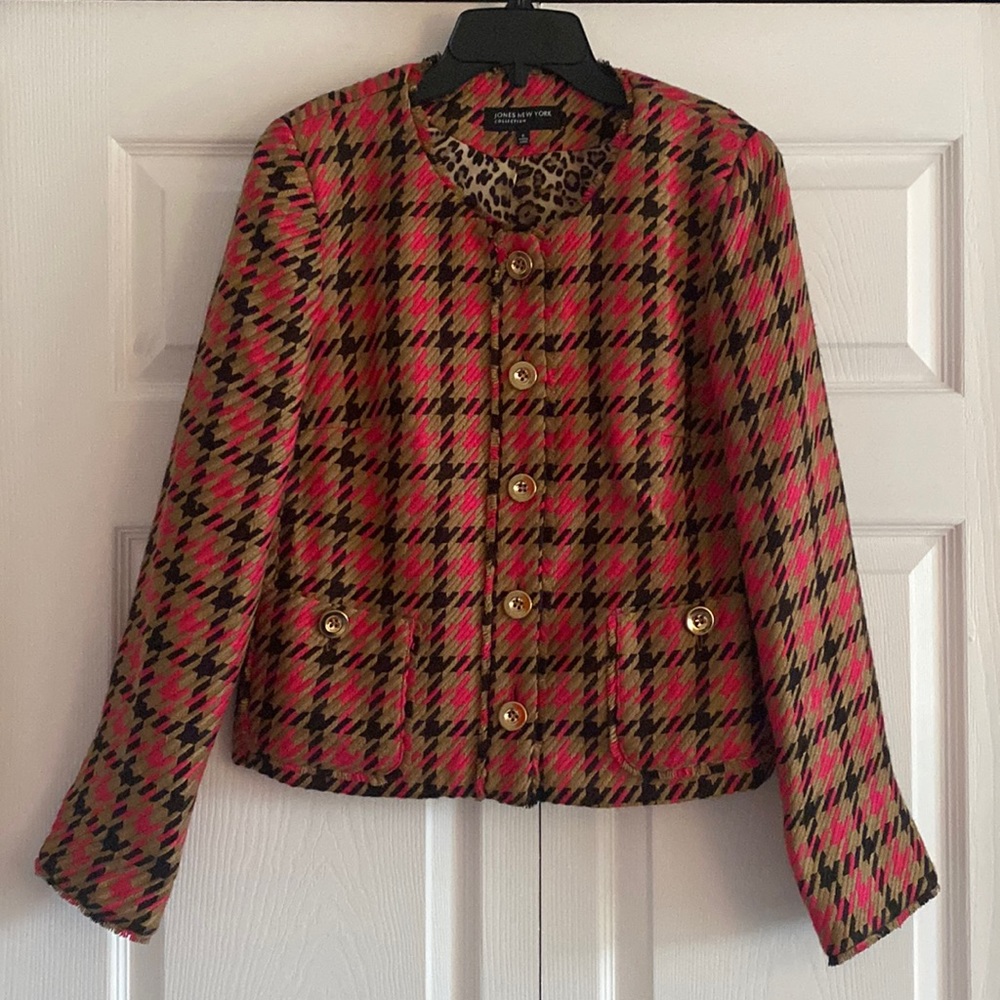 Jones New York Tan, Black and Bright Pink Plaid Short Jacket - Size 6